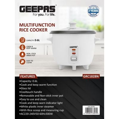 Geepas Rice Cooker with Non-Stick Cooking Pot | Automatic Cooking, Steam Vent Lid & Simple One Touch Operation, Multi Functional, Cool Touch Handle|Make Rice, Steam Healthy Food & Vegetables 0.6 L 300 W GRC1828 White