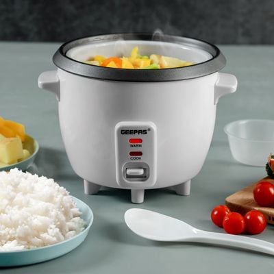 Geepas Rice Cooker with Non-Stick Cooking Pot | Automatic Cooking, Steam Vent Lid & Simple One Touch Operation, Multi Functional, Cool Touch Handle|Make Rice, Steam Healthy Food & Vegetables 0.6 L 300 W GRC1828 White