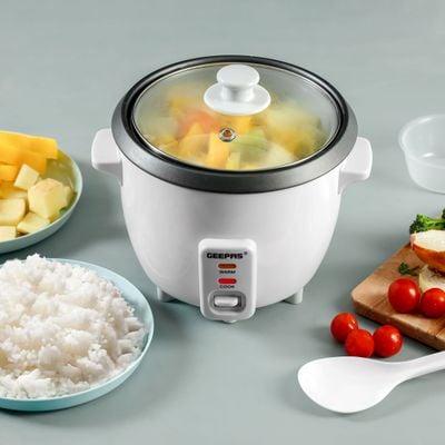 Geepas Rice Cooker with Non-Stick Cooking Pot | Automatic Cooking, Steam Vent Lid & Simple One Touch Operation, Multi Functional, Cool Touch Handle|Make Rice, Steam Healthy Food & Vegetables 0.6 L 300 W GRC1828 White