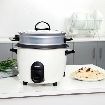 Geepas Automatic Rice Cooker - Steam Vent Lid & Simple One Touch Operation |Make Rice, Steam Healthy Food & Vegetables, 3 In 1 Functions, Tempered Glass LID 1.5 L 500.0 W GRC35011 White/Black/Clear