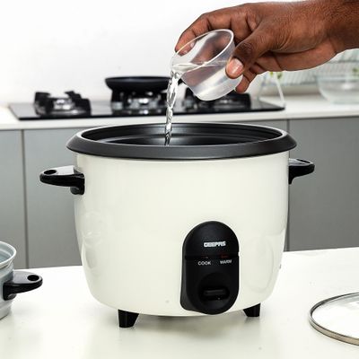 Geepas Automatic Rice Cooker - Steam Vent Lid & Simple One Touch Operation |Make Rice, Steam Healthy Food & Vegetables, 3 In 1 Functions, Tempered Glass LID 1.5 L 500.0 W GRC35011 White/Black/Clear