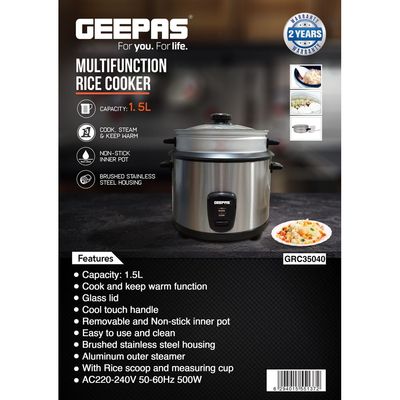 Geepas Multifunctional Rice Cooker With Removable And Non Stick Inner Pot Tempered Glass Lid 1.5 L 500.0 W GRC35040 Silver