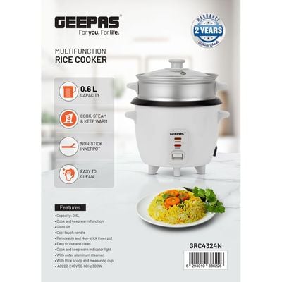 Geepas Automatic Rice Cooker 3 in 1 Functions Non-Stick Inner Pot Automatic Shut Off with Overheat Protection 0.6 L 300 W GRC4324N White