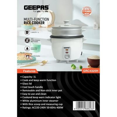 Geepas Multifunction Rice Cooker Includes Cook & Keep Warm Functions With Tempered Glass Lid, Aluminum Inner Steamer/ Removable Non-Stick Pot/Cool Touch Handle/Durable Construction 1 L 400 W GRC4325H White