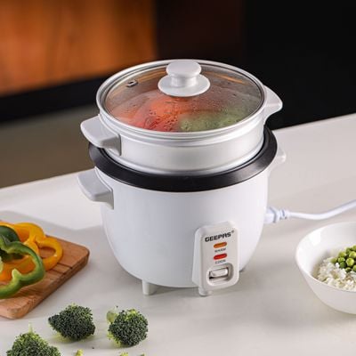 Geepas Multifunction Rice Cooker Includes Cook & Keep Warm Functions With Tempered Glass Lid, Aluminum Inner Steamer/ Removable Non-Stick Pot/Cool Touch Handle/Durable Construction 1 L 400 W GRC4325H White