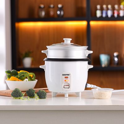 Geepas Multifunction Rice Cooker Includes Cook & Keep Warm Functions With Tempered Glass Lid, Aluminum Inner Steamer/ Removable Non-Stick Pot/Cool Touch Handle/Durable Construction 1 L 400 W GRC4325H White