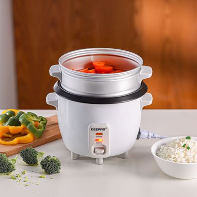 Geepas Multifunction Rice Cooker Includes Cook & Keep Warm Functions With Tempered Glass Lid, Aluminum Inner Steamer/ Removable Non-Stick Pot/Cool Touch Handle/Durable Construction 1 L 400 W GRC4325H White