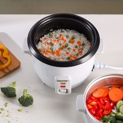 Geepas Multifunction Rice Cooker Includes Cook & Keep Warm Functions With Tempered Glass Lid, Aluminum Inner Steamer/ Removable Non-Stick Pot/Cool Touch Handle/Durable Construction 1 L 400 W GRC4325H White