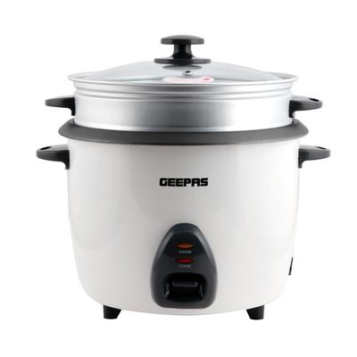 Geepas Electric Rice Cooker  -Cook/Warm/Steam, High-Temperature Protection - Make Rice & Steam Healthy Food & Vegetables, Tempered Glass Lid, Non Stick Inner Pot | 2 Year Warranty 2.2 L 900 W GRC4326 White/Black/Clear