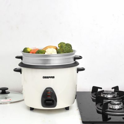 Geepas Electric Rice Cooker  -Cook/Warm/Steam, High-Temperature Protection - Make Rice & Steam Healthy Food & Vegetables, Tempered Glass Lid, Non Stick Inner Pot | 2 Year Warranty 2.2 L 900 W GRC4326 White/Black/Clear