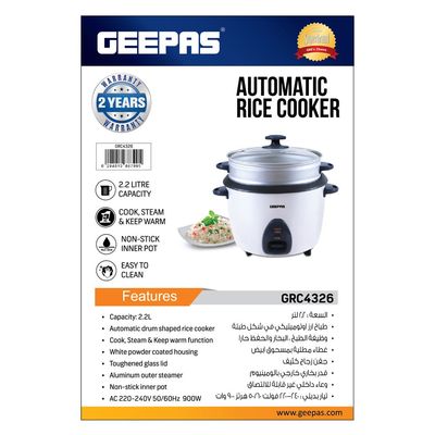 Geepas Electric Rice Cooker  -Cook/Warm/Steam, High-Temperature Protection - Make Rice & Steam Healthy Food & Vegetables, Tempered Glass Lid, Non Stick Inner Pot | 2 Year Warranty 2.2 L 900 W GRC4326 White/Black/Clear