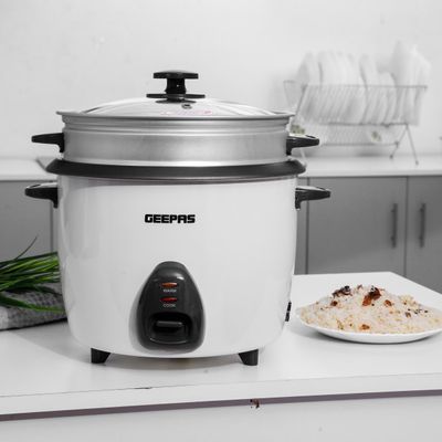 Geepas Electric Rice Cooker  -Cook/Warm/Steam, High-Temperature Protection - Make Rice & Steam Healthy Food & Vegetables, Tempered Glass Lid, Non Stick Inner Pot | 2 Year Warranty 2.2 L 900 W GRC4326 White/Black/Clear