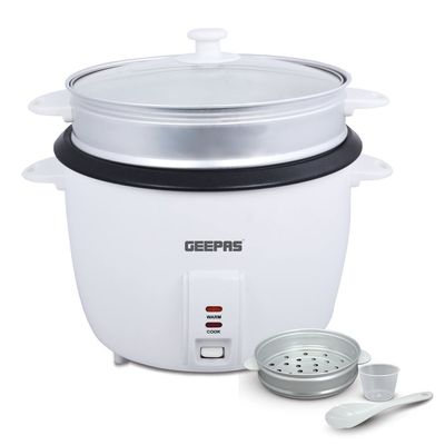 Geepas Electric Rice Cooker with Non-Stick Inner Pot and Toughened Glass Lid| Includes Cook, Steam, and Warm Functions| White Powder Coated Housing, Aluminum Outer Steamer 2.8 L 1000.0 W GRC4327 White/Black