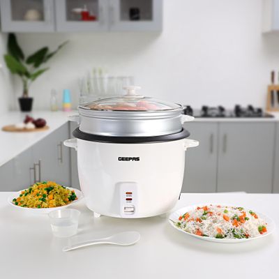 Geepas Electric Rice Cooker with Non-Stick Inner Pot and Toughened Glass Lid| Includes Cook, Steam, and Warm Functions| White Powder Coated Housing, Aluminum Outer Steamer 2.8 L 1000.0 W GRC4327 White/Black