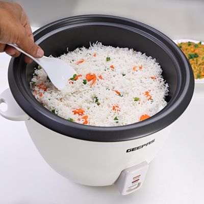 Geepas Electric Rice Cooker with Non-Stick Inner Pot and Toughened Glass Lid| Includes Cook, Steam, and Warm Functions| White Powder Coated Housing, Aluminum Outer Steamer 2.8 L 1000.0 W GRC4327 White/Black