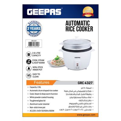 Geepas Electric Rice Cooker with Non-Stick Inner Pot and Toughened Glass Lid| Includes Cook, Steam, and Warm Functions| White Powder Coated Housing, Aluminum Outer Steamer 2.8 L 1000.0 W GRC4327 White/Black