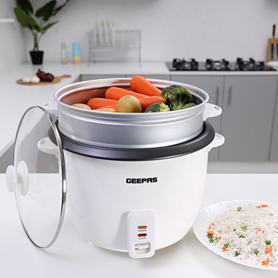 Geepas Electric Rice Cooker with Non-Stick Inner Pot and Toughened Glass Lid| Includes Cook, Steam, and Warm Functions| White Powder Coated Housing, Aluminum Outer Steamer 2.8 L 1000.0 W GRC4327 White/Black