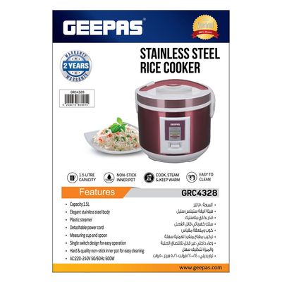 Geepas Stainless Steel Rice Cooker 1.5 L GRC4328 Red