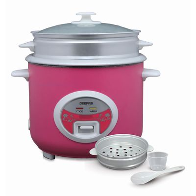 Geepas Deluxe Ricer Cooker- Non-Stick Inner Pot, Stainless Steel Body | Cook/Steam/Keep Warm Function| Make Rice & Steam Healthy Vegetables | 2 Years Warranty GRC4329 Pink/Silver