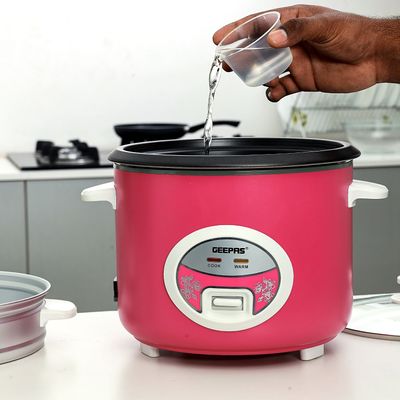 Geepas Deluxe Ricer Cooker- Non-Stick Inner Pot, Stainless Steel Body | Cook/Steam/Keep Warm Function| Make Rice & Steam Healthy Vegetables | 2 Years Warranty GRC4329 Pink/Silver