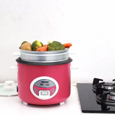 Geepas Deluxe Ricer Cooker- Non-Stick Inner Pot, Stainless Steel Body | Cook/Steam/Keep Warm Function| Make Rice & Steam Healthy Vegetables | 2 Years Warranty GRC4329 Pink/Silver