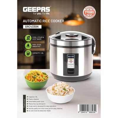 Geepas Rice Cooker 1.8 L Durable Construction| Removable Non-Stick Pot, Cool Touch Handle| Includes Cook, Warm Functions, Plastic Steamer| Perfect for Vegetables, Soups, Sauces etc |762W 1.8 L 762 W GRC4330 Black/Silver