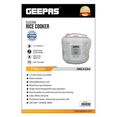 Geepas Electric Rice Cooker 500W - Non-Stick Inner Pot |Cook/Steam/Keep Warm | Make Rice & Steam Healthy Food & Vegetables 1.5 L 500 W GRC4334 / GRC4334N White/Pink/Yellow