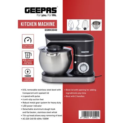 Geepas Stand Mixer with Stainless Steel Mixing Bowl 6 Speed with Pulse or Eject Button Whisk Beaters Dough Hook LED power indicator Ideal for Bread and Dough 8.5 L 1500 W GSM43040 Black