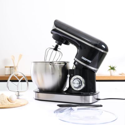 Geepas Stand Mixer with Stainless Steel Mixing Bowl 6 Speed with Pulse or Eject Button Whisk Beaters Dough Hook LED power indicator Ideal for Bread and Dough 8.5 L 1500 W GSM43040 Black