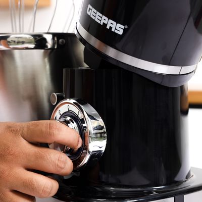 Geepas Stand Mixer with Stainless Steel Mixing Bowl 6 Speed with Pulse or Eject Button Whisk Beaters Dough Hook LED power indicator Ideal for Bread and Dough 8.5 L 1500 W GSM43040 Black