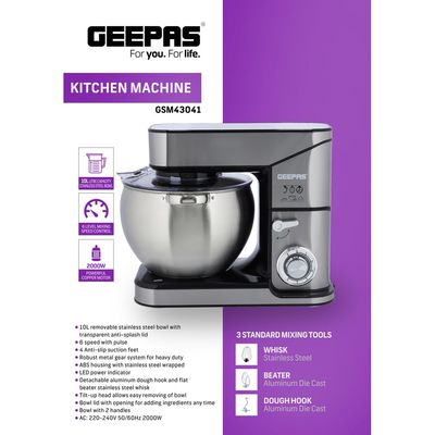 Geepas Kitchen Machine with Whisk, Beater & Dough Hook| 10L Stainless Steel Removable Bowl with Transparent Lid | Tilt Head Electric Mixer with 6 Speed & Pulse Function 10.0 L 2000.0 W GSM43041 Silver