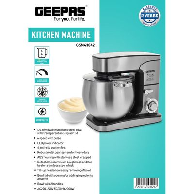 Geepas Geepas Kitchen Machine | 6 Level Mixing Speed Control, 12L Stainless Steel Bowl with Handles & Transparent Anti-Splash Lid | LED Power Indicator | 2000W Powerful Motor 12 L 2000 kW GSM43042 Silver