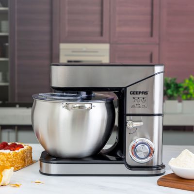 Geepas Multi-Function Kitchen Machine Stainless Steel Bowl With Lid  1.5L Glass Blender Jar  Meat Grinder  6 Speed Control  Kitchen Electric Mixer With Dough Hook Whisk Beater 10.0 L 2000.0 W GSM43044 Silver