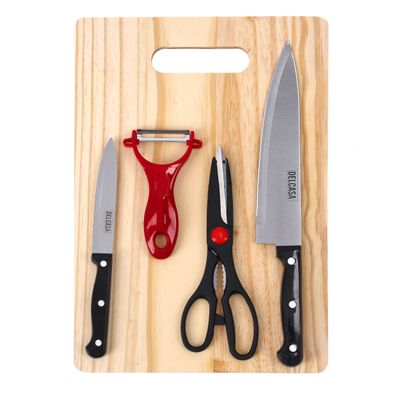 Delcasa 4 Pcs Kitchen Knife Set With Cutting Board - Complete Set With Paring Knife, Chef Knife, Peeler, Utility Knife & Cutting Board - Stainless-Steel Sharp Blades - Best Kitchen Gift