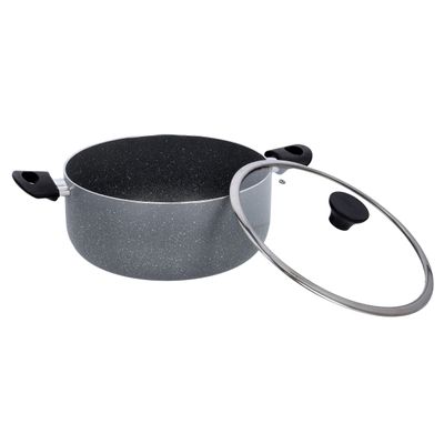 Delcasa 24 Cm Aluminum Casserole With Granite Coating-Dc1900| Aluminum Body With 3 Layer Durable Construction| Heat Resistant Bakelite Handle And Knob, Tempered Glass Lid With Steel Frame| Eco-Friendly, Non-Stick Granite Coating And Induction Compatible| 24X10 Cm| Grey