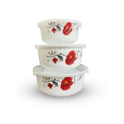 Premium Opal Ware Bowl Set, 3Pcs Serving Bowl, Dc2134 | Stackable Food Storage Bowls With Transparent Lids | Elegant Floral Design | Oven-Safe (Without Lid)