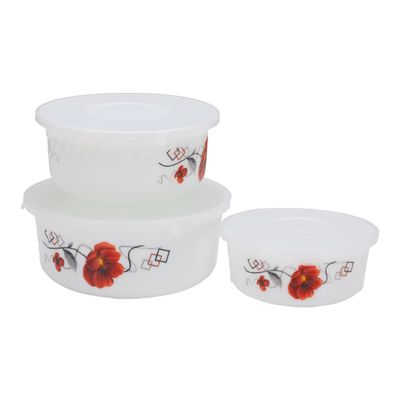 Premium Opal Ware Bowl Set, 3Pcs Serving Bowl, Dc2134 | Stackable Food Storage Bowls With Transparent Lids | Elegant Floral Design | Oven-Safe (Without Lid)