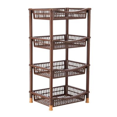 Delcasa 4-Tier Square Vegetable Rack-Dc2698| Plastic Multi-Purpose Storage Rack Ideal For Fruits, Vegetables And Other Kitchen Accessories| Storage Rack For Home, Office And Kitchen| Compact, Space-Saving And Good Loading Capacity| Easy To Assemble And Detachable| Brown