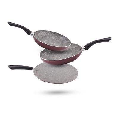 Delcasa 3-Piece Fry Pan Set|Dc2286| Aluminum Body With Durable Granite Coating | Strong And Sturdy Bakelite Handles| Includes Fry Pan And Tawa| Heat Resistant Exterior | Ptfe-Free And Pfoa-Free| 18Cm, 24Cm, And 28Cm| 2.5Mm Thickness| Maroon