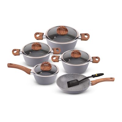 Delcasa Chef Master 10-Piece Cookware Set- Dc2284| Forged Aluminium Body With 5-Layer Granite Coating| Induction Base| Wooden-Finish Bakelite Handles And Glass Lid| Includes Casserole, Saucepan, Fry Pan And Nylon Turner| Dishwasher-Safe And Induction Bottom| Ptfe-Free And Pfoa-Free| Grey