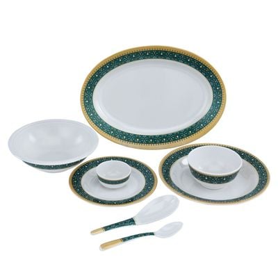 Delcasa 35 Piece Floral Beast Melamineware Dinner Set- Dc2461| Includes Oval Plates, Deep Plates, Flat Plates, Soup Bowls, Round Bowls, Soup Spoons And Rice Spoons| Top-Rack Dishwasher-Safe And Light-Weight| Eco-Friendly And Food-Grade| White And Green