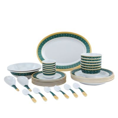 Delcasa 35 Piece Floral Beast Melamineware Dinner Set- Dc2461| Includes Oval Plates, Deep Plates, Flat Plates, Soup Bowls, Round Bowls, Soup Spoons And Rice Spoons| Top-Rack Dishwasher-Safe And Light-Weight| Eco-Friendly And Food-Grade| White And Green