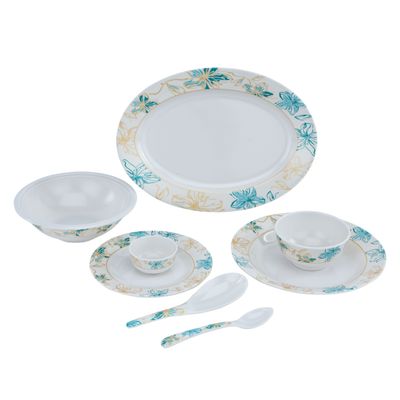 Delcasa 35 Piece Flower Sketch Melamineware Dinner Set- Dc2462| Includes Oval Plates, Deep Plates, Flat Plates, Soup Bowls, Round Bowls, Soup Spoons And Rice Spoons| Top-Rack Dishwasher-Safe And Light-Weight| Eco-Friendly And Food-Grade| White And Blue