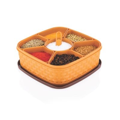 Delcasa Airtight Spice Box- Dc2887| 7 Removable Compartment Box Ideal For Spices, Nuts, Snacks, Etc| Stylish And Durable Woven Design With Pp Construction| Bpa-Free And 100% Food-Grade| Perfect For Gifting| Spoon Included| Brown