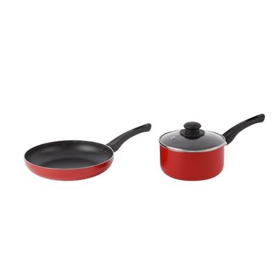 Delcasa 3 Piece Nonstick Cookware Set- Dc2898| Strong Aluminum Body With Non-Stick Coating And Bakelite Handle| Includes A Saucepan With Lid And A Frypan, Compatible With Hot Plate, Halogen, Ceramic And Gas Stovetops| Perfect For Frying, Sauting, Tempering| Red