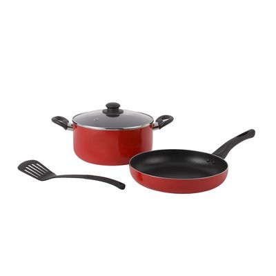 Delcasa 4 Piece Nonstick Cookware Set- Dc2899| Strong Aluminum Body With Non-Stick Coating And Bakelite Handle| Includes A Casserole With Lid, A Frypan And A Nylon Turner, Compatible With Hot Plate, Halogen, Ceramic And Gas Stovetops| Perfect For Frying, Sauting, Tempering, Boiling, Simmering| Red