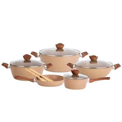 Delcasa Essential 11-Piece Non-Stick Cookware Set-Dc2878 /  Forged Aluminium Body With Durable Granite Coating, Induction Compatible / 5-Layer Construction, Dishwasher Safe  Bakelite Handles And Tempered Glass Lid/ Include Casserole, Wok Pan, Saucepan, Fry Pan And Bamboo Turner And Spoon/ Brown