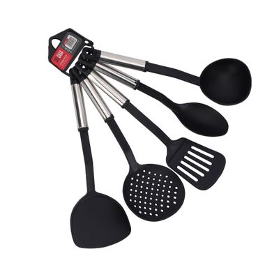 Delcasa 5-Piece Nylon Kitchen Tools Set- Dc3005| Heat-Resistant Set Includes Serving Spoon, Soup Ladle, Slotted Turner, Skimmer And Turner| Ergonomic, Anti-Slip Handle And Dishwasher Safe, Perfect For Home, Restaurant Use| Black