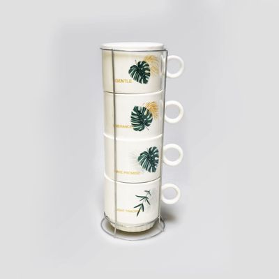 Delcasa Ceramic Stack Cup Set With Stand- Dc3084| 260 Ml, 4 Cups| Premium-Quality And Stylish Kitchen Organizer With Sturdy And Stable Construction| Dishwasher-Safe And Easy To Clean| Green And White