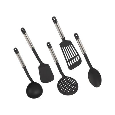 Delcasa 6-Piece Nylon Kitchen Tools Set- Dc2913| Heat-Resistant Set Includes Slotted Spatula, Solid Spoon, Pasta Spoon, Masher And Ladle| Ergonomic, Anti-Slip Handle And Dishwasher Safe, Perfect For Home, Restaurant Use| Black